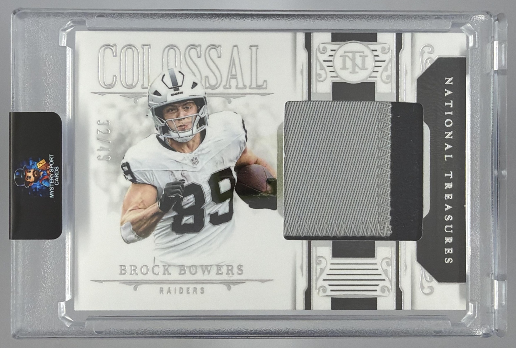Card image for 2025 Panini National Treasures Brock Bowers Colossal Materials /49 #CM-BBS MEM Raiders