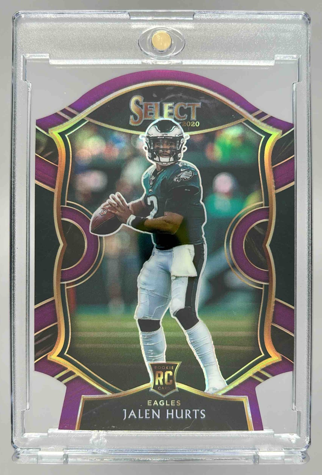 Card image for 2020 Panini Select Jalen Hurts Purple Prizm Die Cut #50 RC Concourse Eagles
