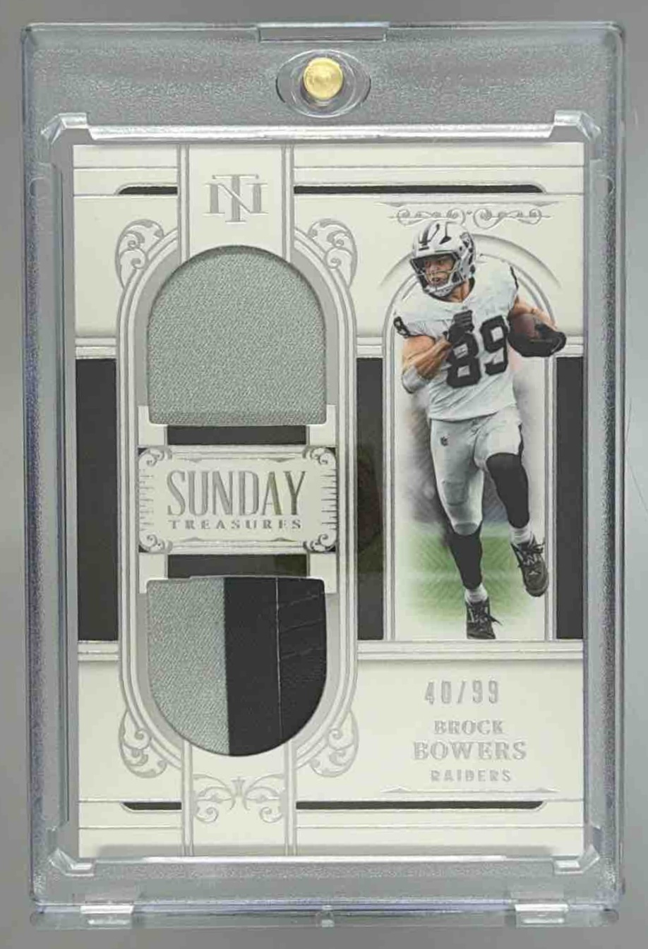 Card image for 2025 Panini National Treasures Brock Bowers Sunday /99 #ST-BBS MEM Raiders