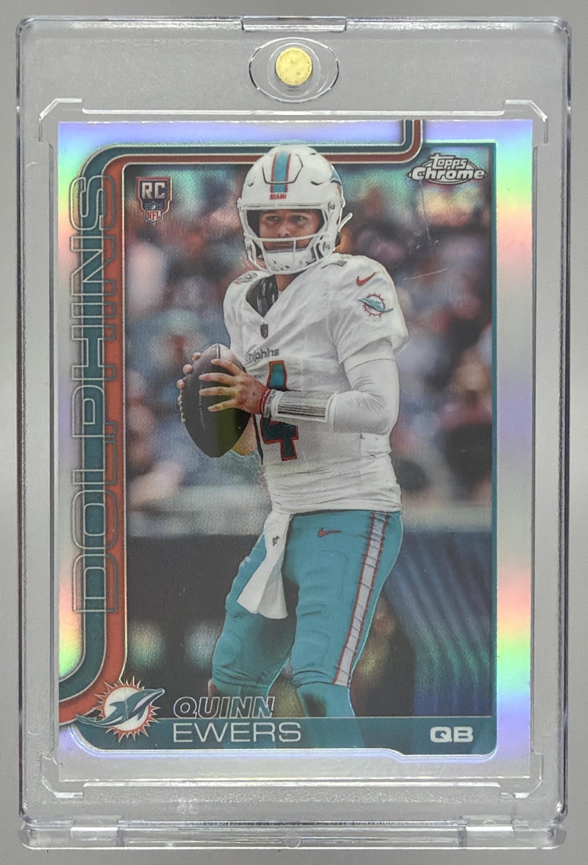 Card image for 2025 Topps Football Chrome Quinn Ewers Rookie Refractor #316 RC Miami Dolphins