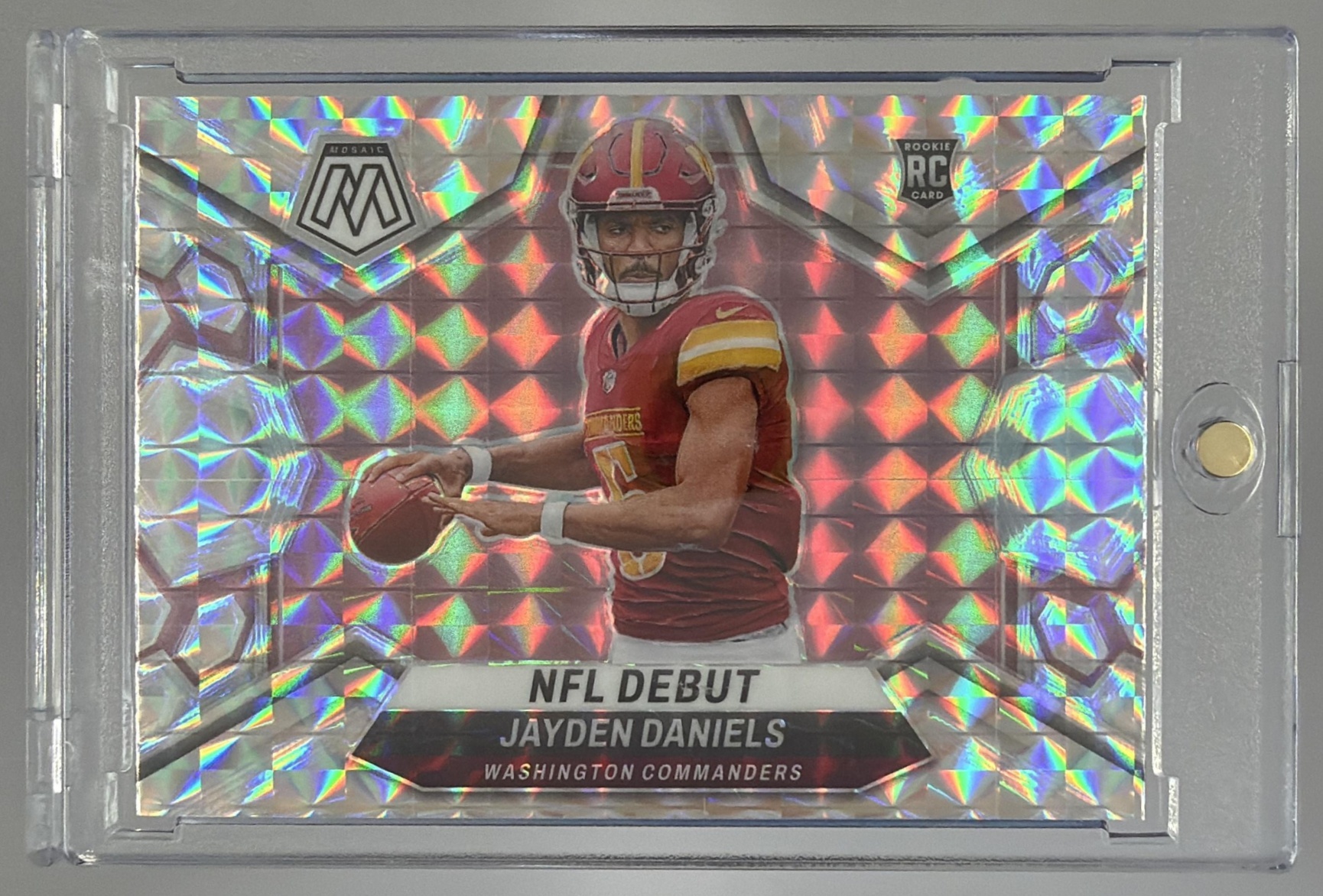 Card image for 2024 Panini Mosaic Jayden Daniels No Huddle Silver Prizm #272 RC NFL Debut Commanders