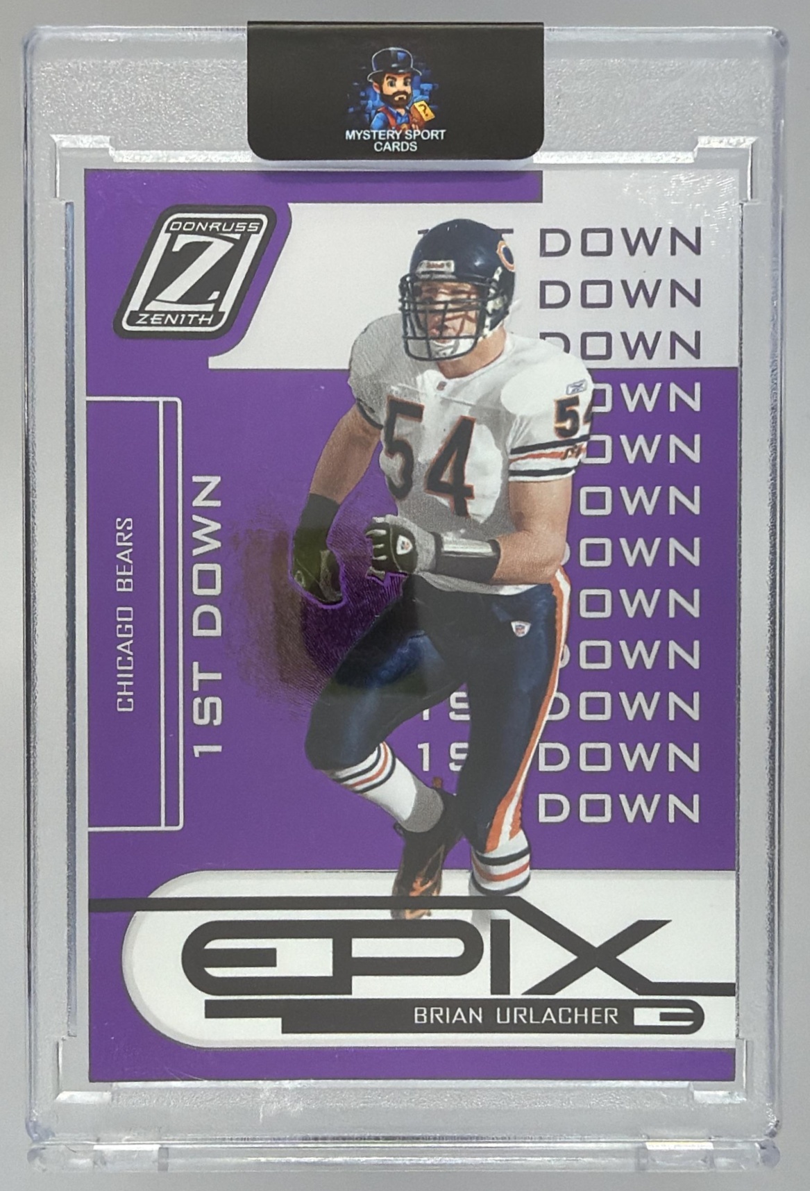 Card image for 2005 Donruss Zenith Brian Urlacher Epix Purple 1st Prospect Down /500 #E-4 Bears