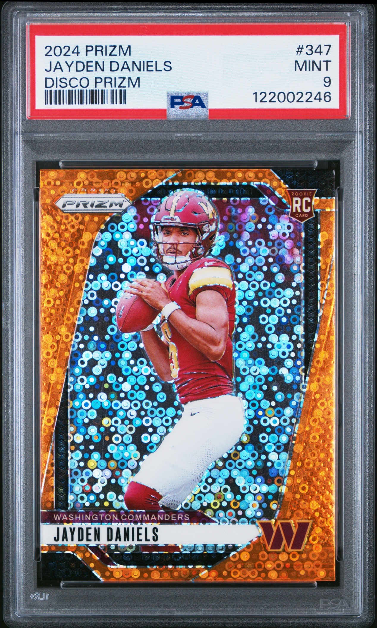 Card image for 2024 Panini Football Prizm Jayden Daniels Disco #347 RC Washington Commanders