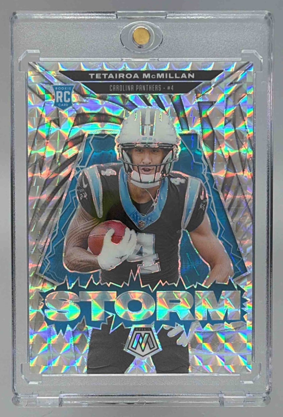 Card image for 2025 Panini Football Mosaic Tetairoa McMillan Storm #11 RC Carolina Panthers