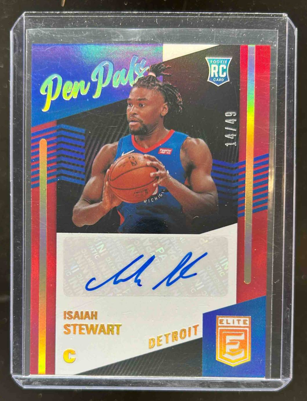 Card image for 2020-21 PANINI DONRUSS ELITE ISAIAH STEWART #PP-IST PEN PALS RED /49 RC AUTO