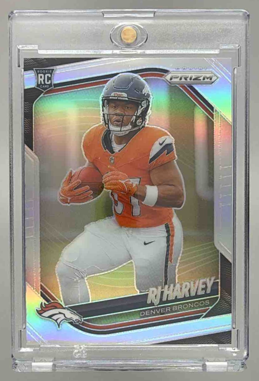 Card image for 2025 Panini Football Prizm RJ Harvey Silver #303 RC Denver Broncos