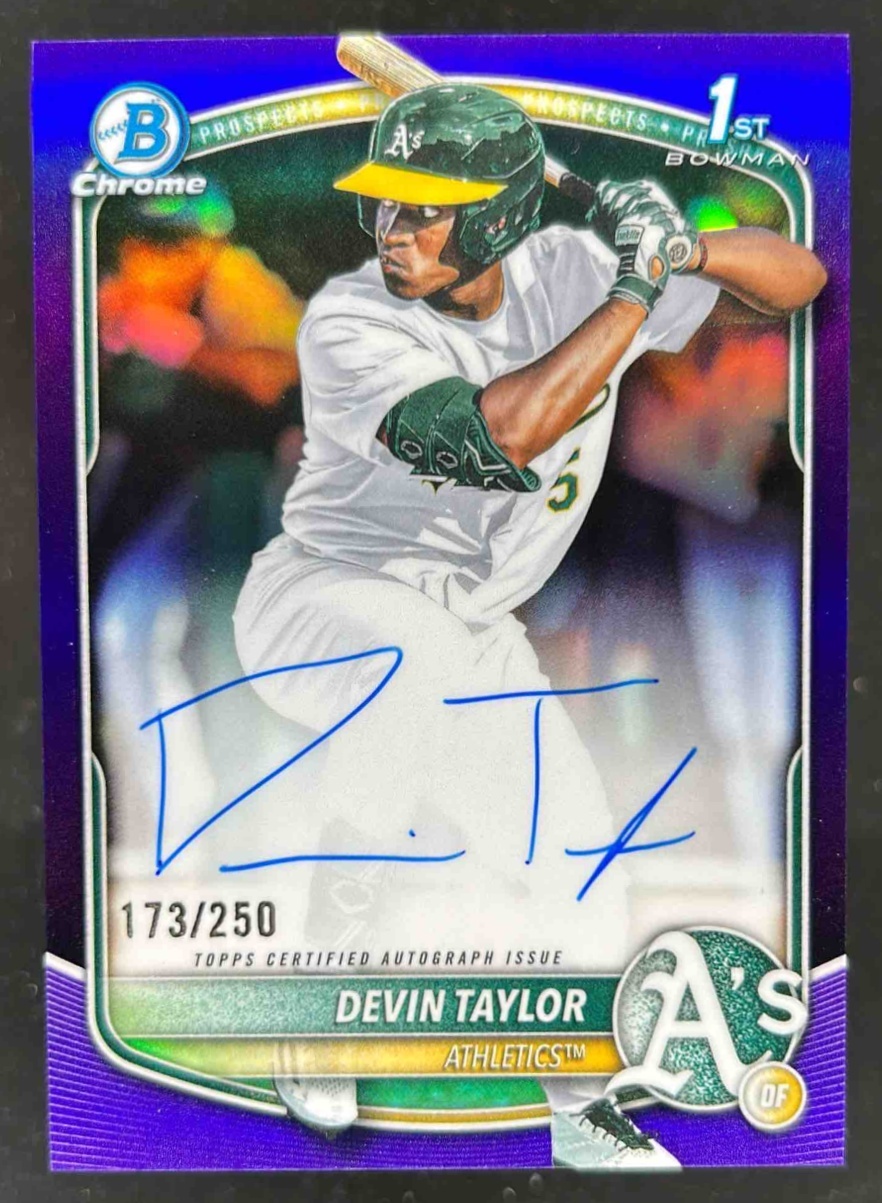 Card image for Devin Taylor 2025 Bowman Draft Chrome Prospect Auto Purple Refractor /250