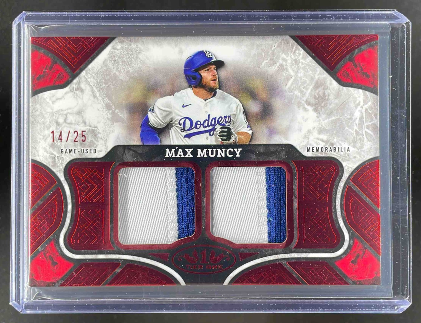 Card image for 2025 Topps Tier One Max Muncy Relics Dual Patch /20 #T1R-MJM MEM