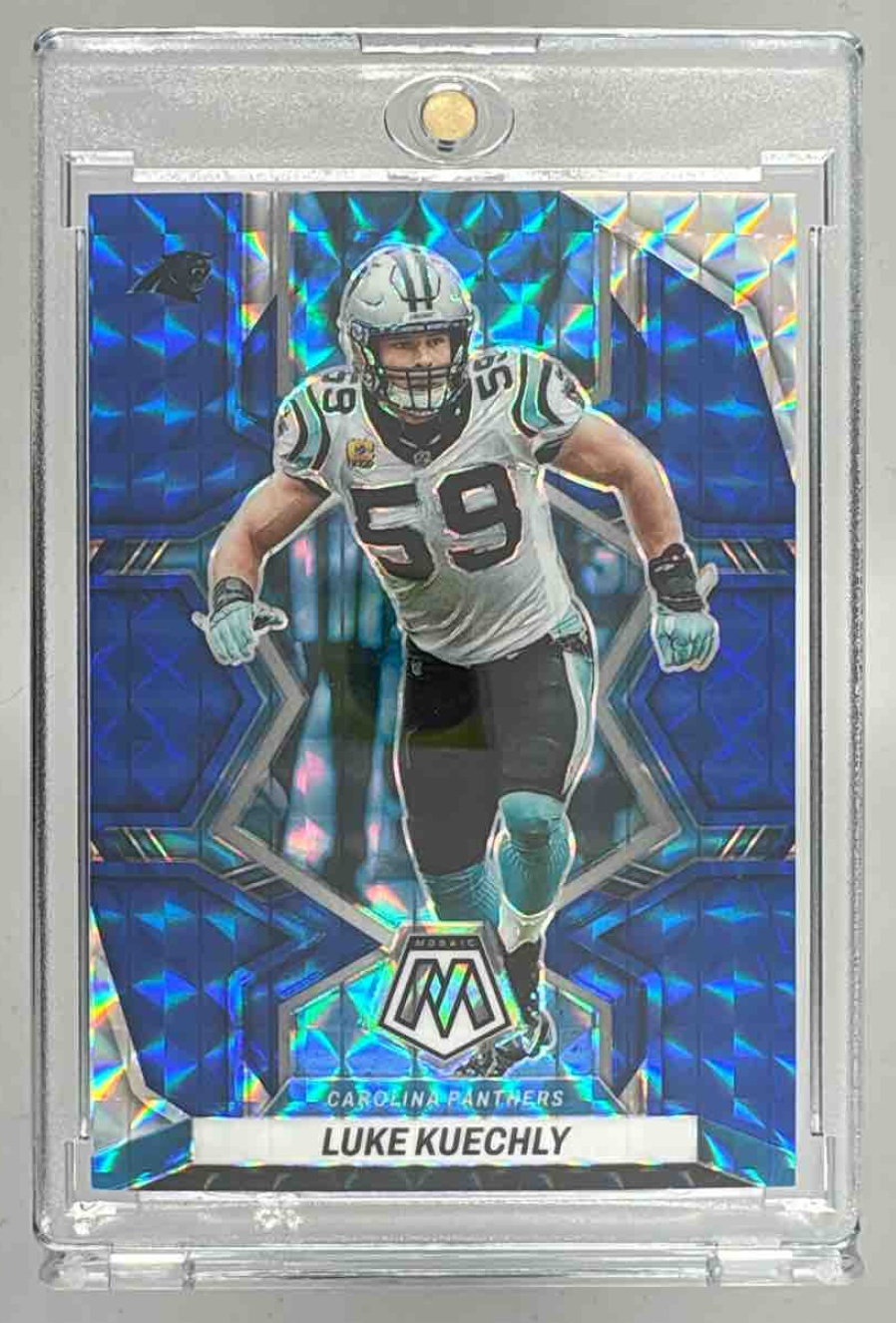 Card image for 2022 Panini Football Mosaic Luke Kuechly Mosaic Blue /99 #32 Carolina Panthers