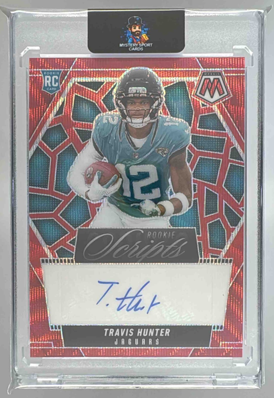 Card image for 2025 Panini Mosaic Travis Hunter Rookie Scripts Auto #301 RC Jaguars
