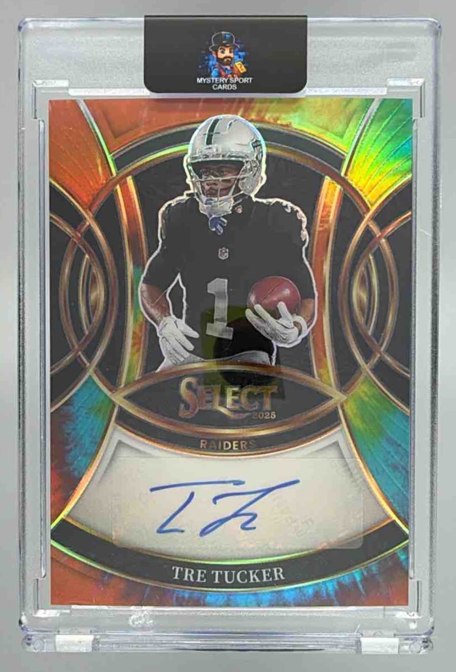 Card image for 2025 Panini Select Tre Tucker Signatures Tie-Dye Prizm /25 #SP-TTR Auto Raiders