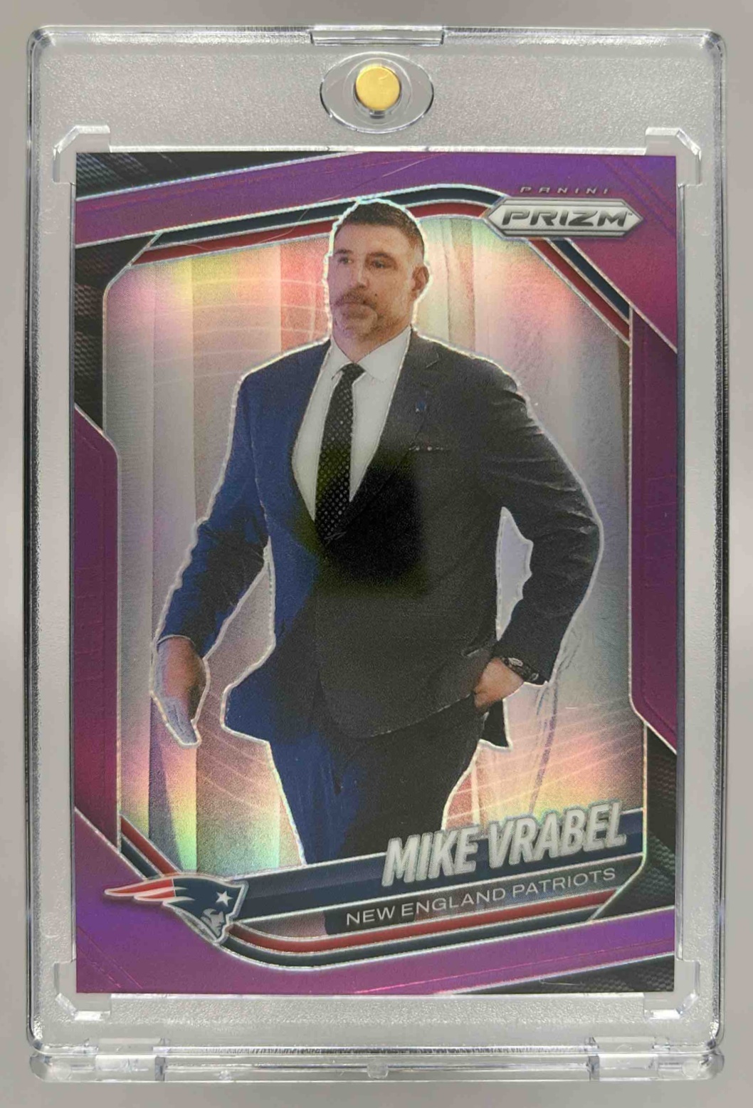 Card image for 2025 Panini Football Prizm Mike Vrabel Purple /125 #110 New England Patriots