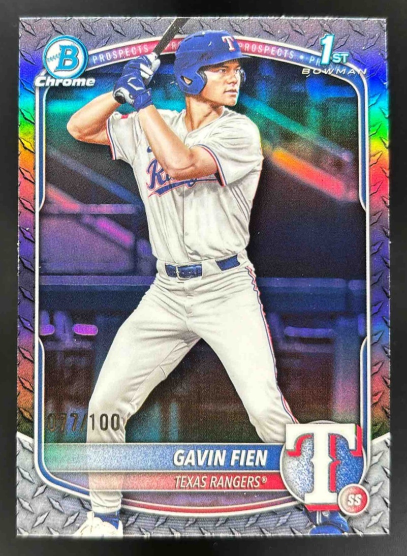 Card image for 2025 Bowman Draft Gavin Fien Chrome Steel Metal Refractor /100 #BDC-15 Rangers