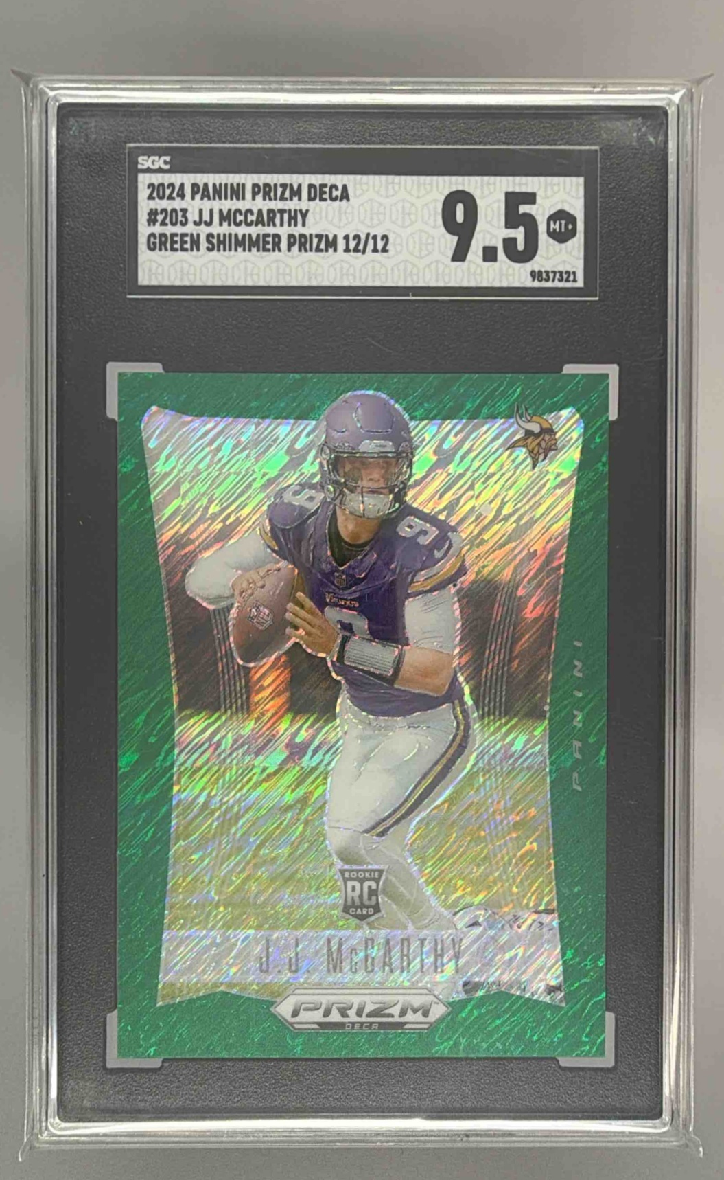 Card image for 2024 Panini Prizm Deca J.J. McCarthy Shimmer Green Prizms FOTL /12 #203 RC Vikings SGC 9.5