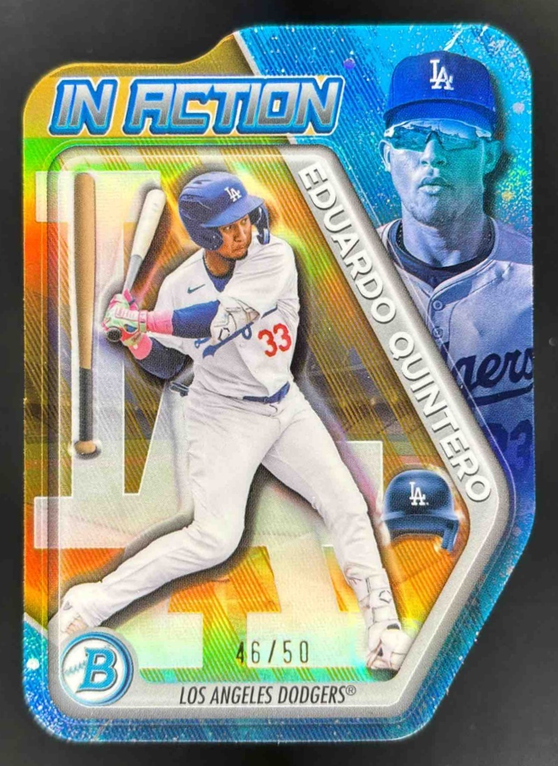 Card image for 2025 Bowman Draft Eduardo Quintero In Action Gold Refractor /50 #BIA-27 Dodgers