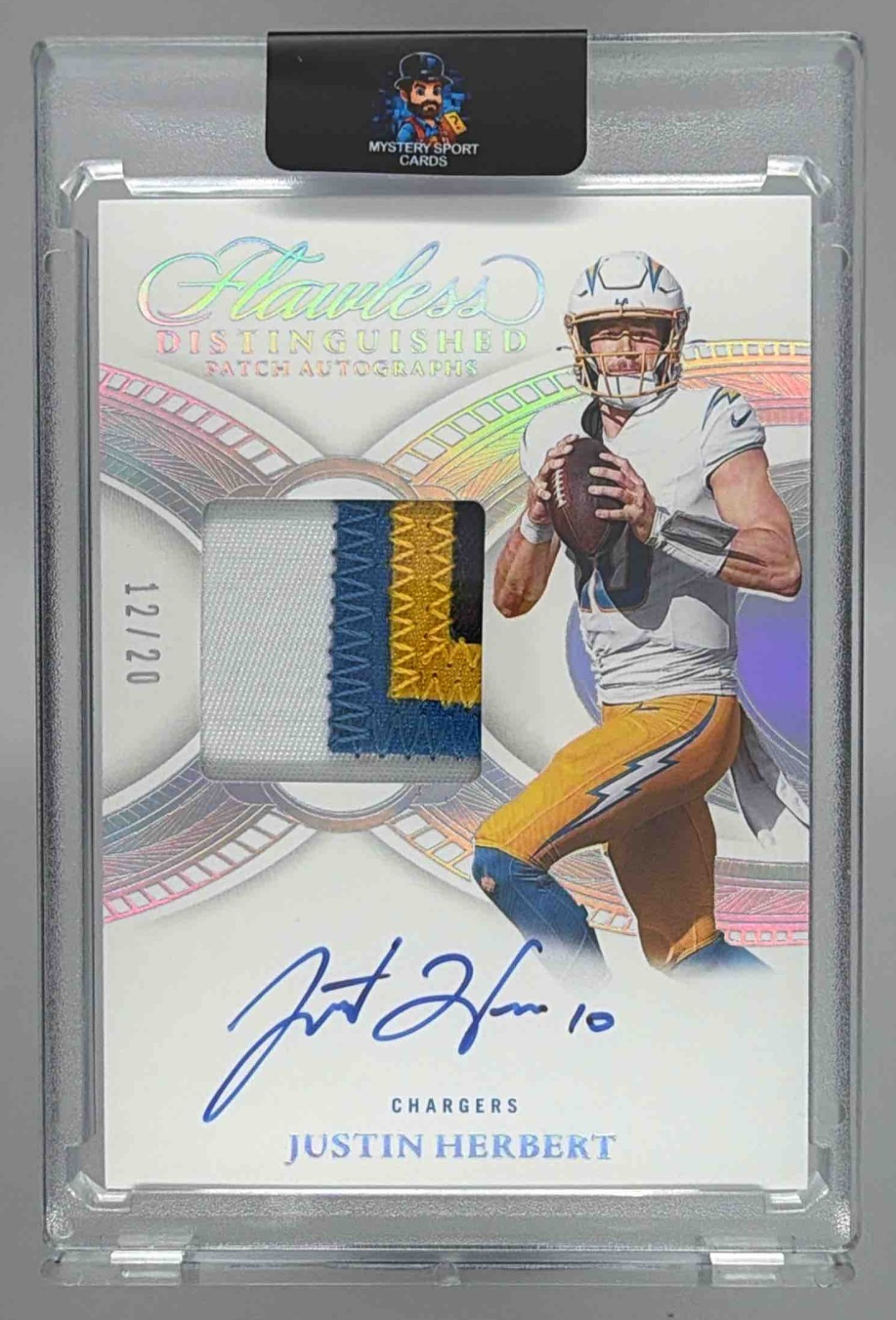 Card image for 2024 Panini Flawless Justin Herbert Distinguished Patch Auto Silver /20 #DPA-JHT MEM Chargers