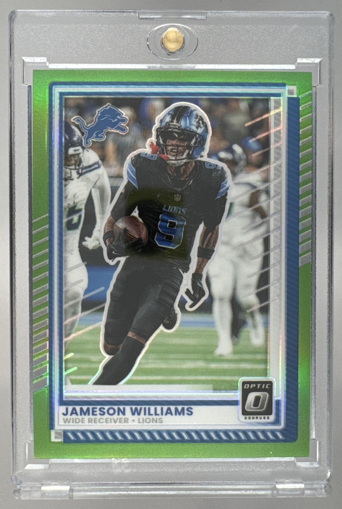 Card image for 2025 Panini Donruss Optic Jameson Williams Lime Green Prizm /50 #10 Lions