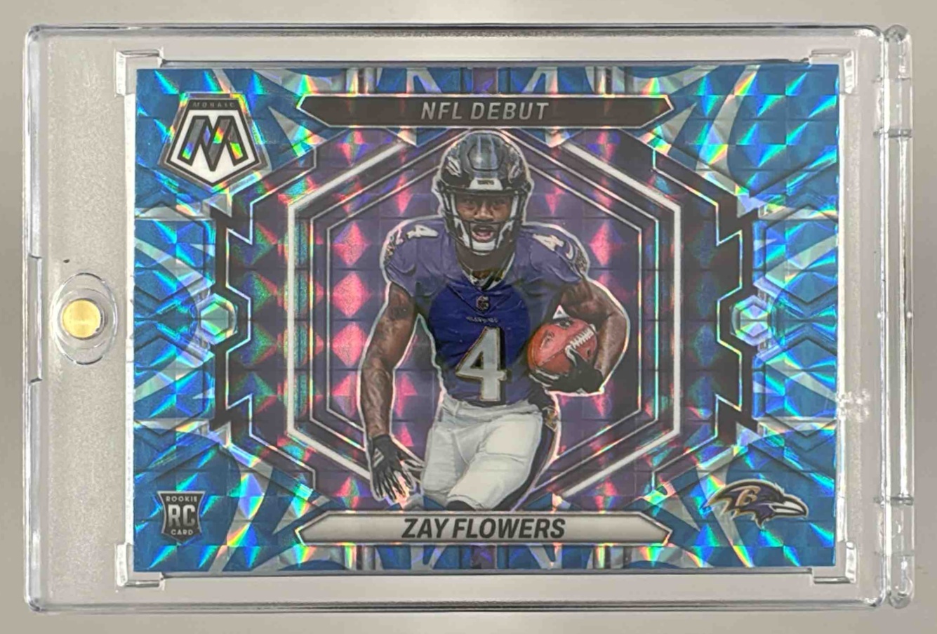Card image for 2023 Panini Mosaic Zay Flowers Reactive Blue #ND-18 RC NFL Debut Ravens