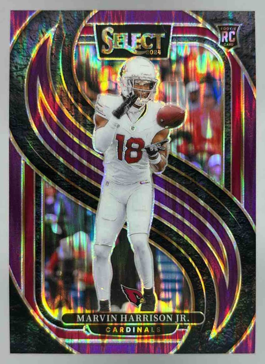 Card image for 2024 Panini Select Marvin Harrison Jr. Premier Purple Prizm Shock /360 #115 RC Cardinals