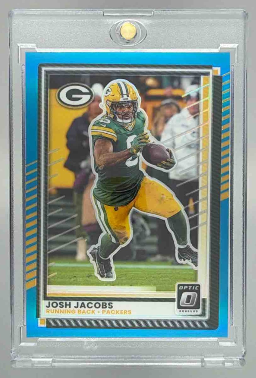 Card image for 2025 Panini Donruss Optic Josh Jacobs Aqua Prizm /349 #128 Packers