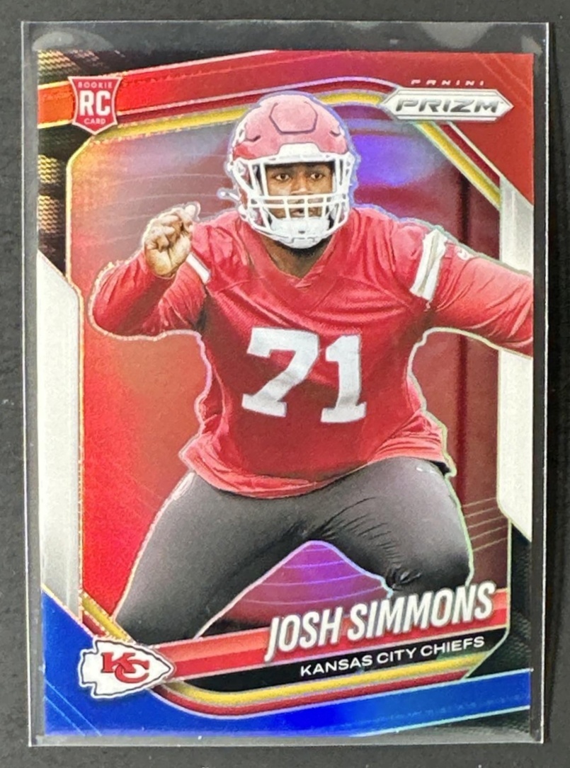 Card image for 2025 Panini Prizm Josh Simmons #337 RC Chiefs red, white, and blue