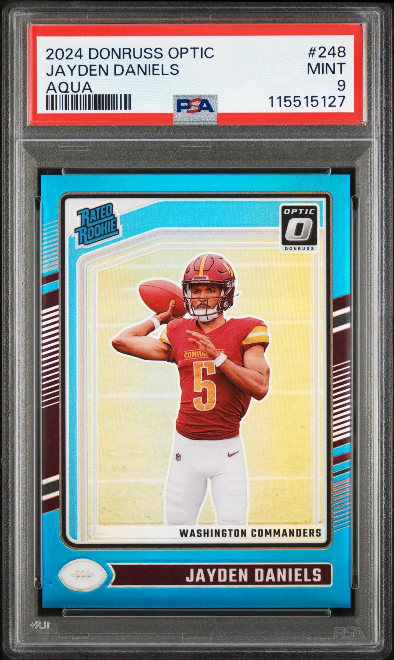 Card image for 2024 Panini Donruss Optic Jayden Daniels Aqua /299 #248 Rated Rookie Commanders
