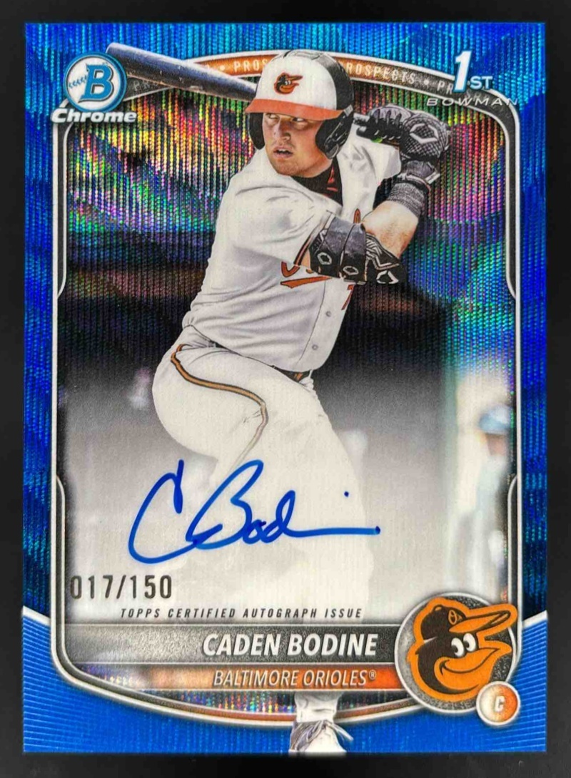 Card image for 2025 Bowman Draft Caden Bodine Chrome Auto Blue Wave Refractor /150 1st Prospect