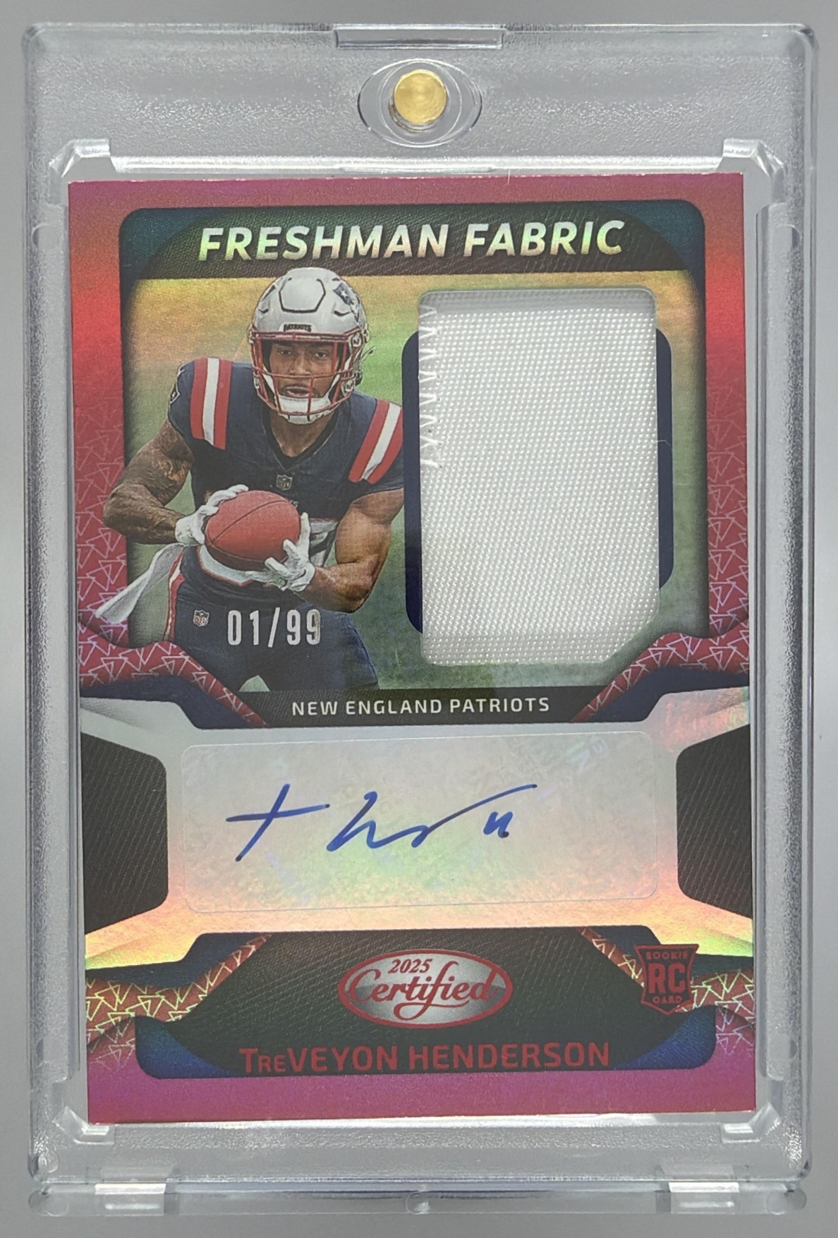 Card image for 2025 Panini Certified TreVeyon Henderson Freshman Fabric Mirror Signatures Red /99 #FBC-THN MEM RC Auto Patriots