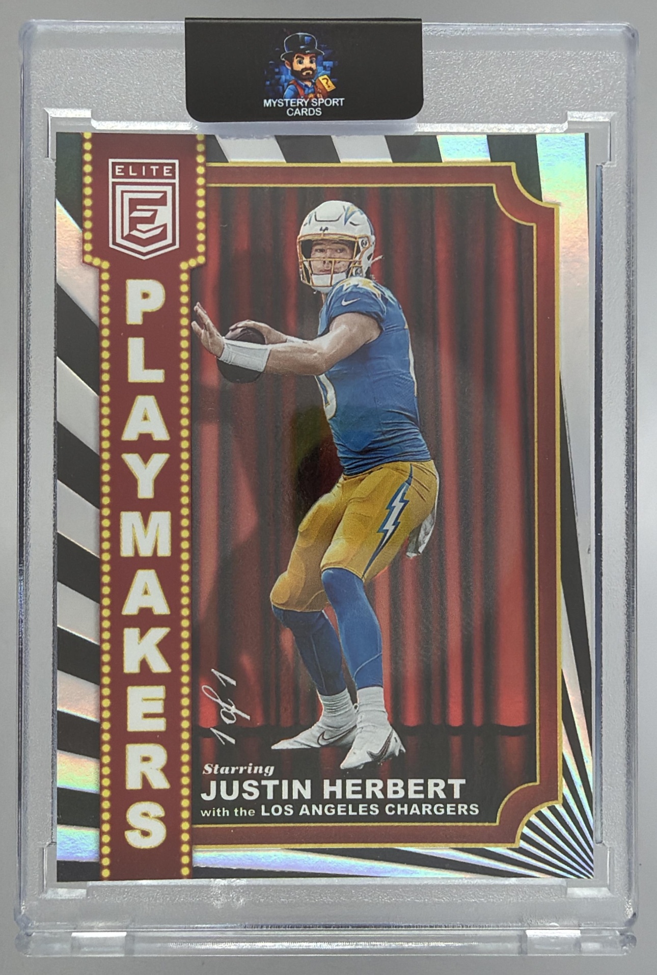 Card image for 2023 Panini Donruss Elite Justin Herbert Playmakers Black 1/1 #PM-10 Chargers