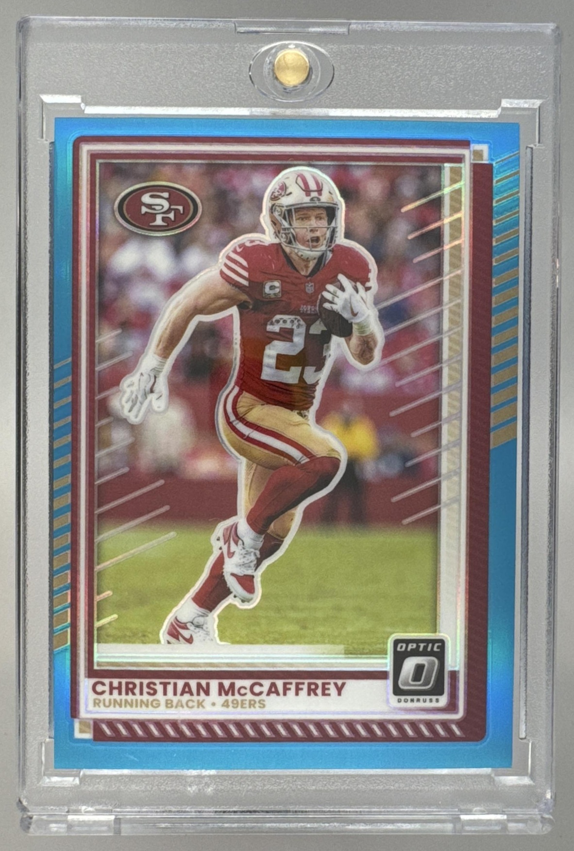 Card image for 2025 Panini Donruss Optic Christian McCaffrey Aqua Prizm /349 #119 49ers
