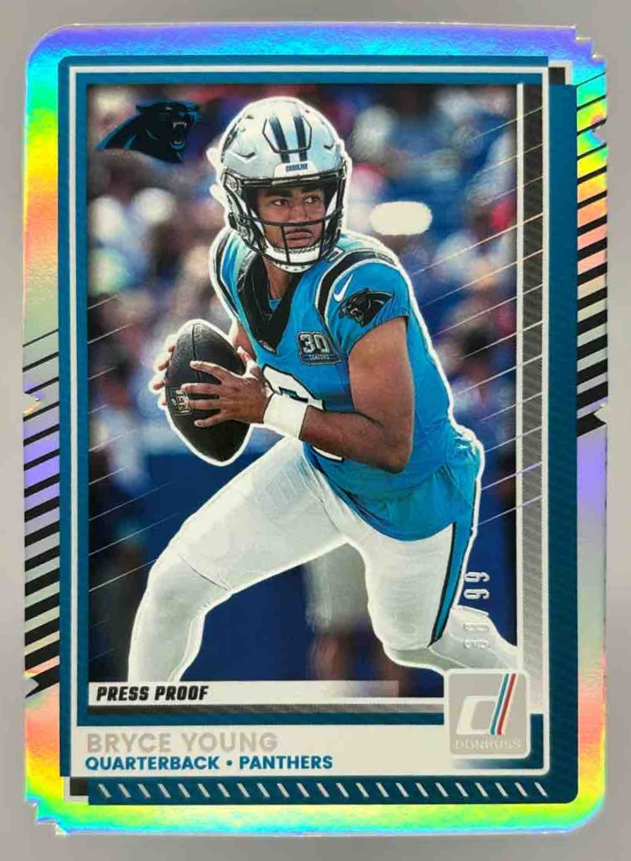 Card image for 2025 Panini Donruss Bryce Young Press Proof Silver Die-Cut /99 #196 Panthers