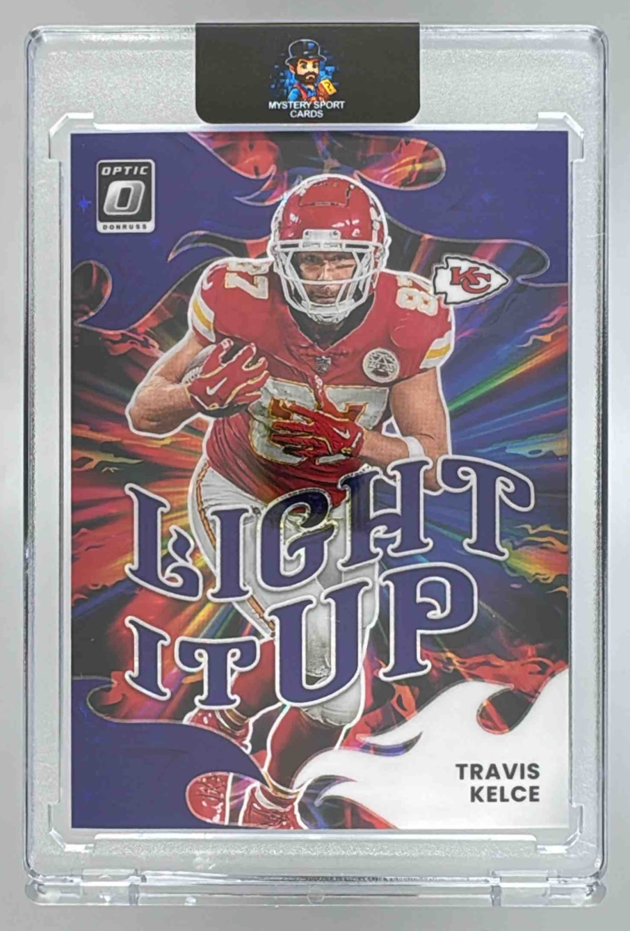 Card image for 2025 Panini Donruss Optic Travis Kelce Light It Up Purple Stars Prizm /25 #11 Chiefs