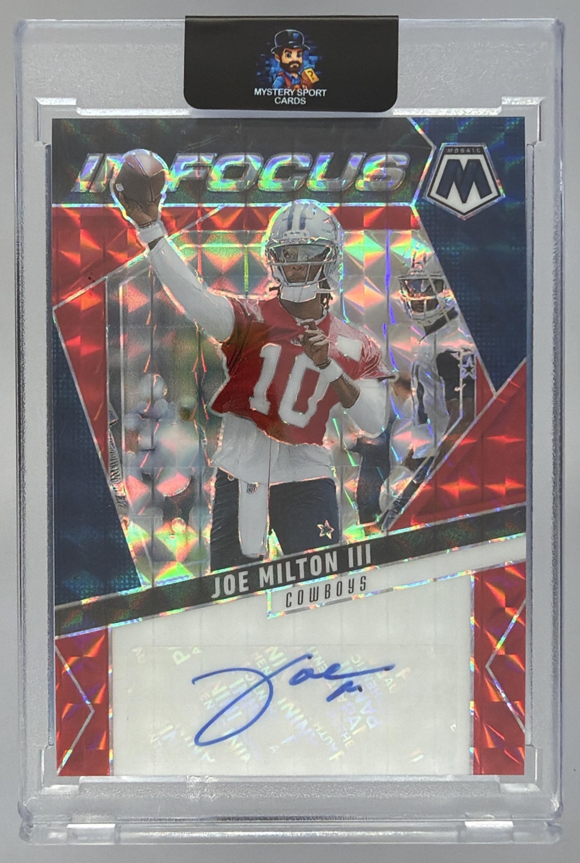 Card image for 2025 Panini Mosaic Joe Milton III In Focus Signatures Red Prizm /199 #IFS-JMN Auto Cowboys