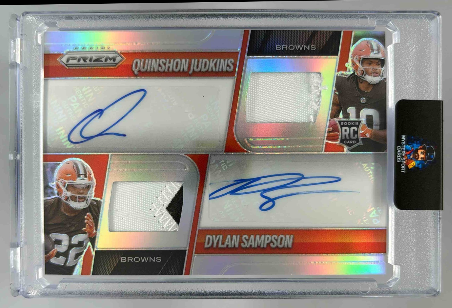 Card image for 2025 Panini Prizm Quinshon Judkins Dylan Sampson Dual Patch Auto /99 #DPA-QJDS MEM Browns