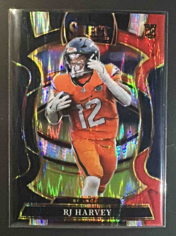 Card image for 2025 Panini Select RJ Harvey #10 Concourse Black and Red Prizm Shock RC Broncos