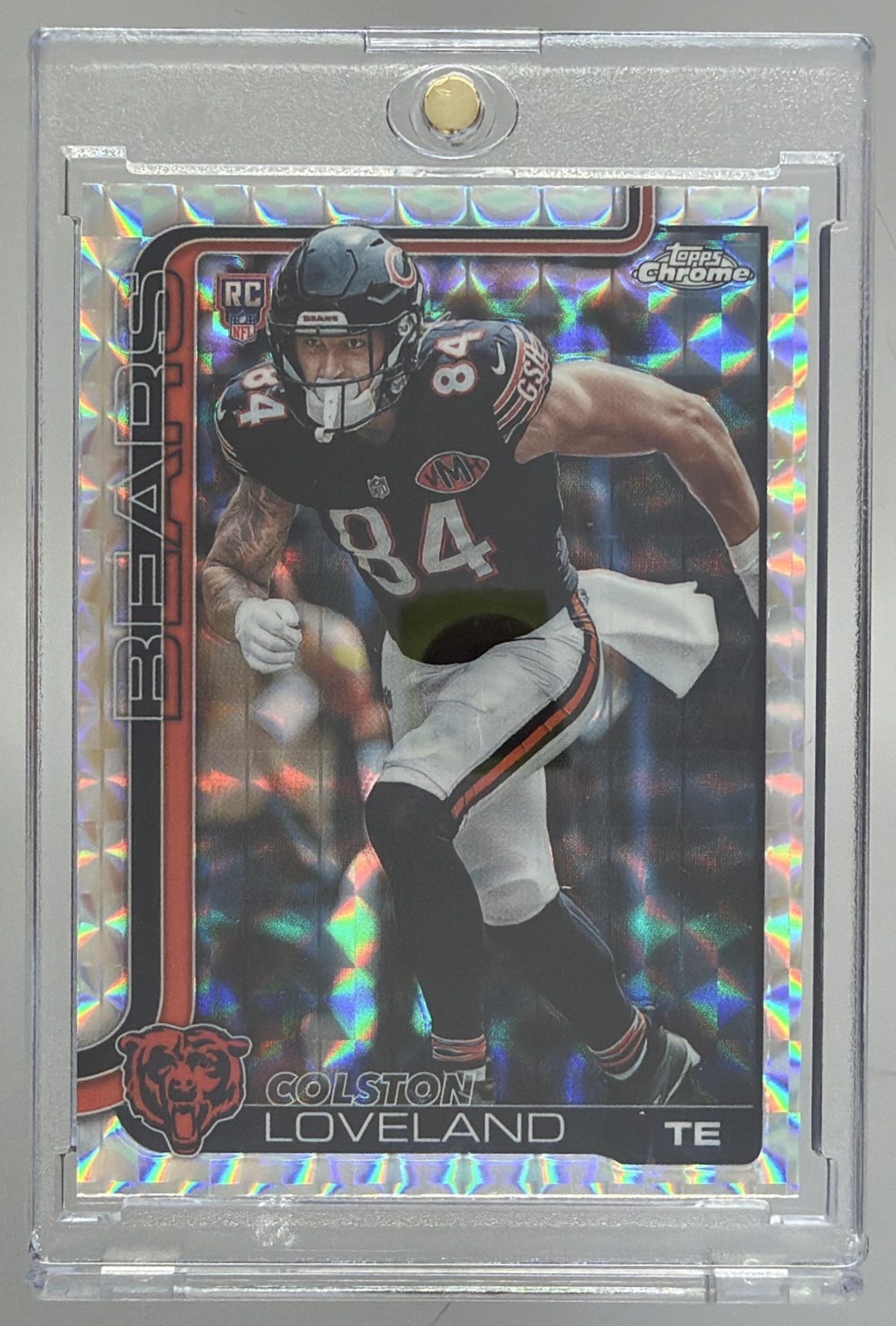 Card image for 2025 Topps Chrome Sapphire Colston Loveland Gold Refractor /50 #345 RC Bears