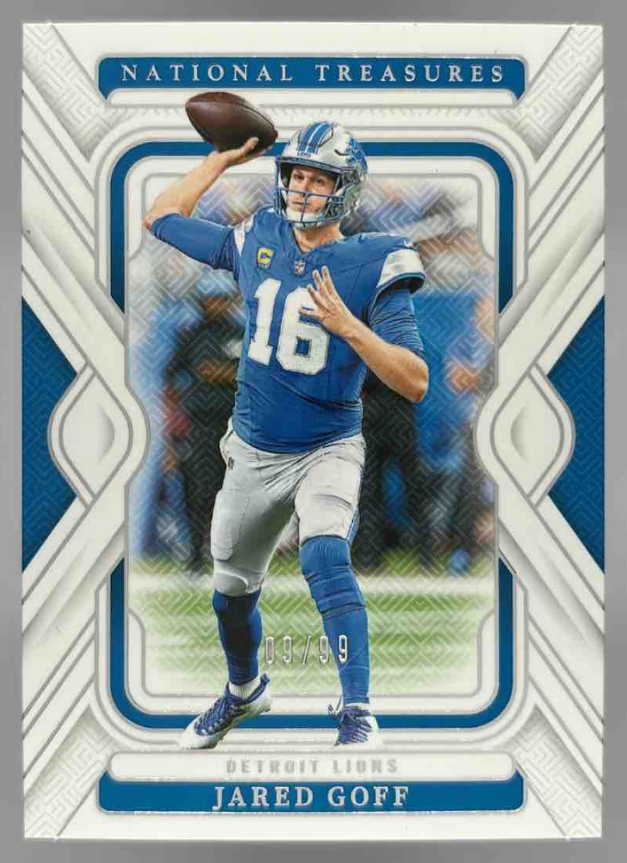 Card image for 2025 Panini National Treasures Jared Goff NFL Shields 1/1 #15 MEM Lions