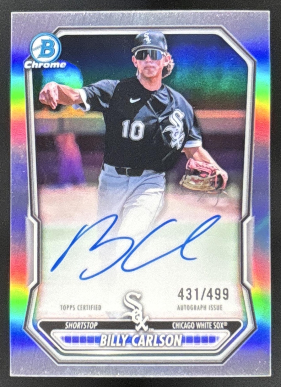 Card image for Billy Carlson 2026 Bowman Refractor /499 Chrome Prospect Auto Chicago White Sox