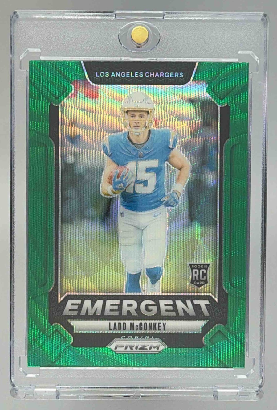 Card image for 2024 Panini Prizm Ladd McConkey Emergent Green Wave #13 RC Chargers