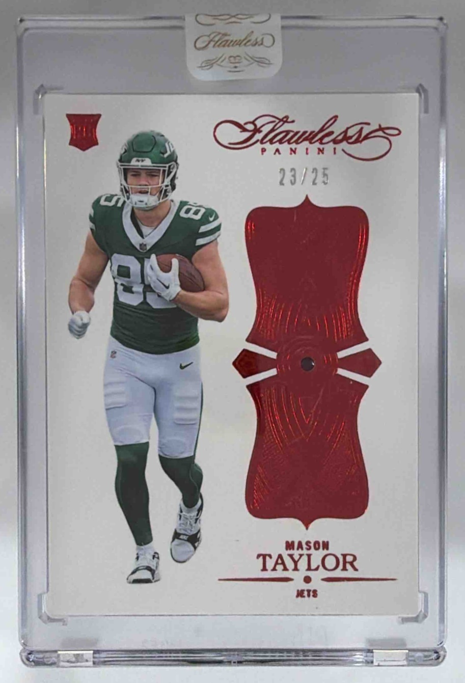 Card image for 2025 Panini Flawless Mason Taylor Rookie Ruby /25 #27 RC Jets