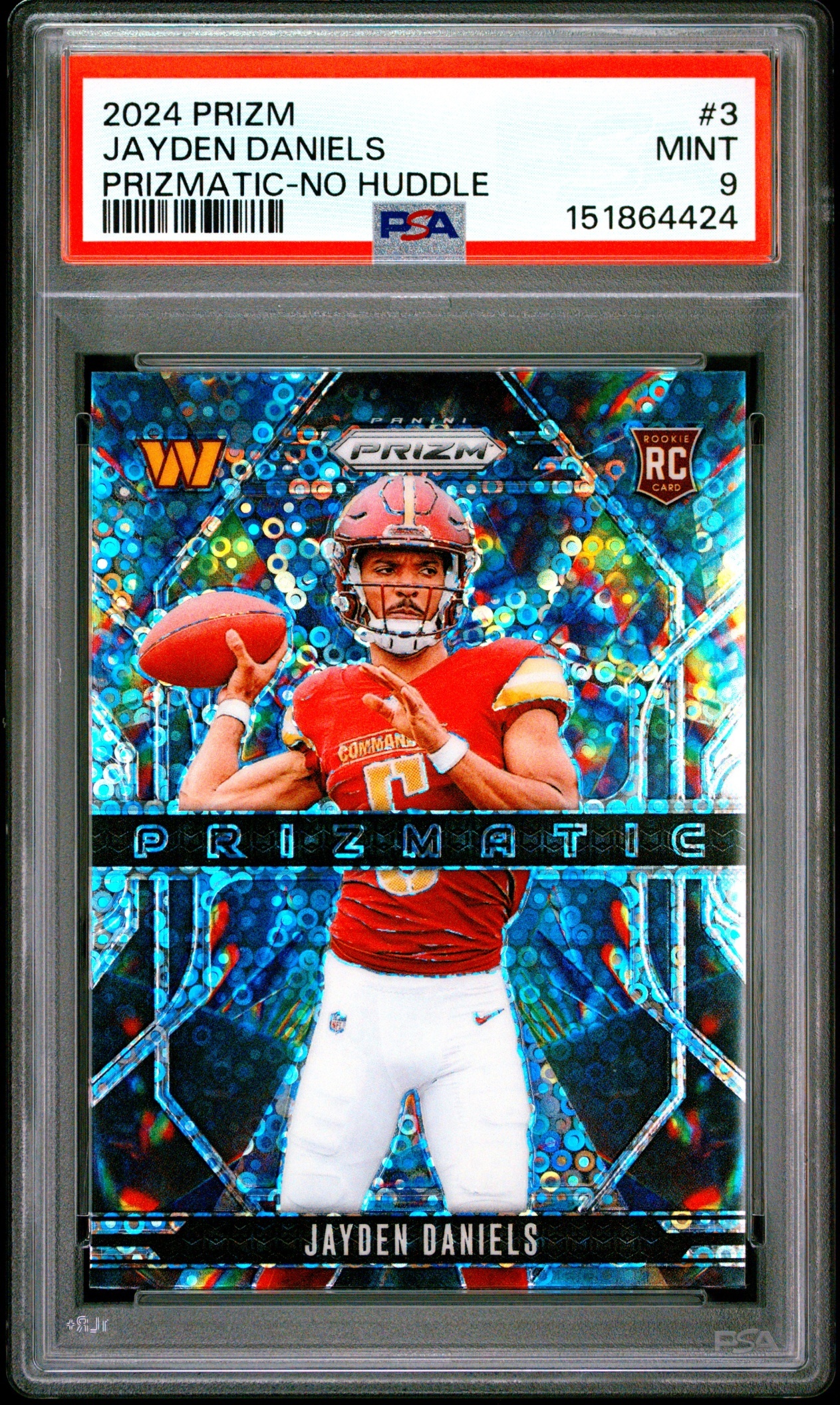 Card image for 2024 Panini Prizm Jayden Daniels Prizmatic No Huddle #3 RC Commanders