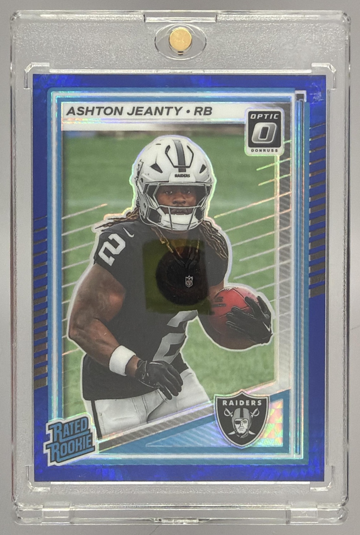Card image for 2025 Panini Donruss Optic Ashton Jeanty Rated Rookie Green Hyper Prizm #202 Raiders