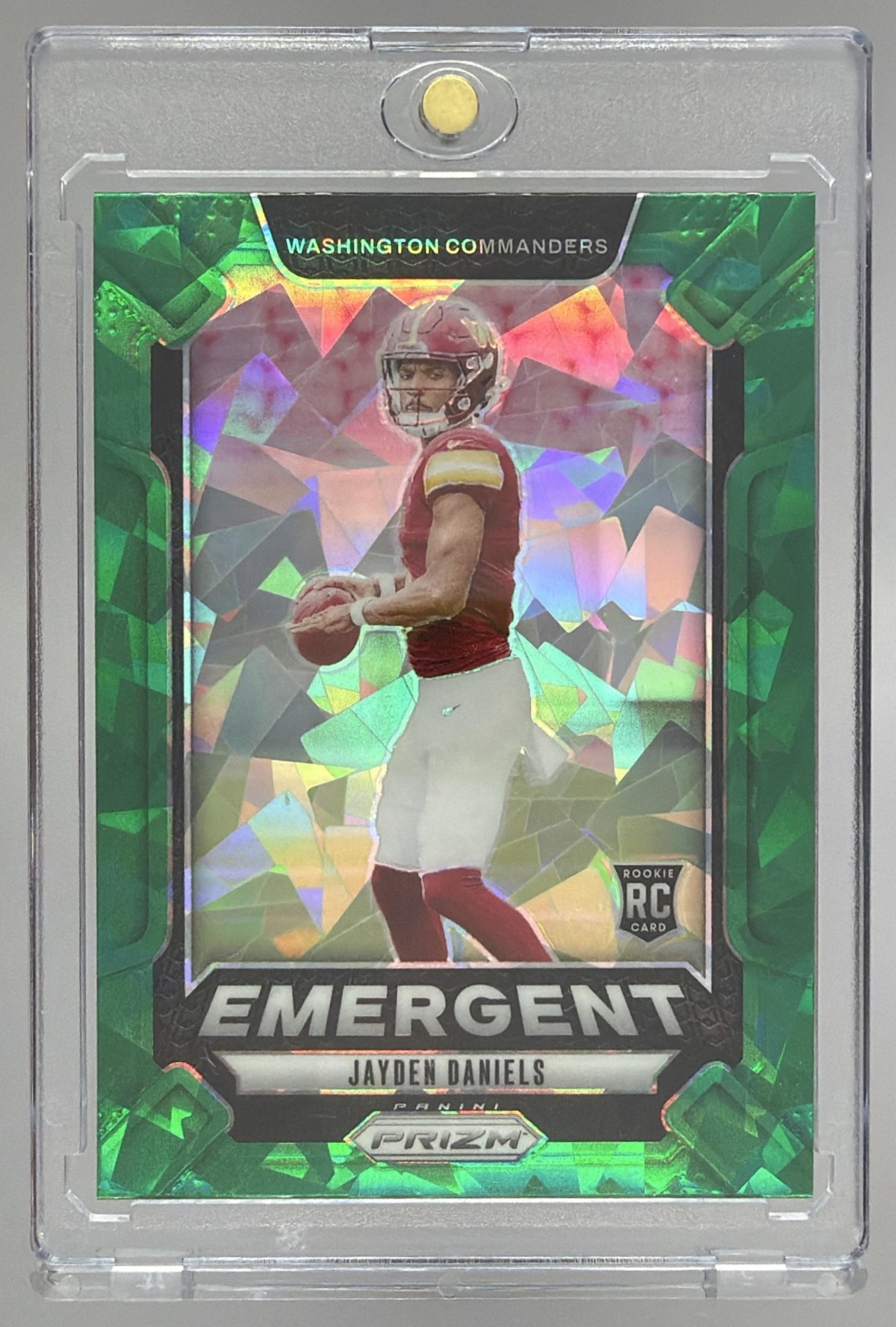 Card image for 2024 Panini Prizm Jayden Daniels Emergent Green #2 RC Commanders