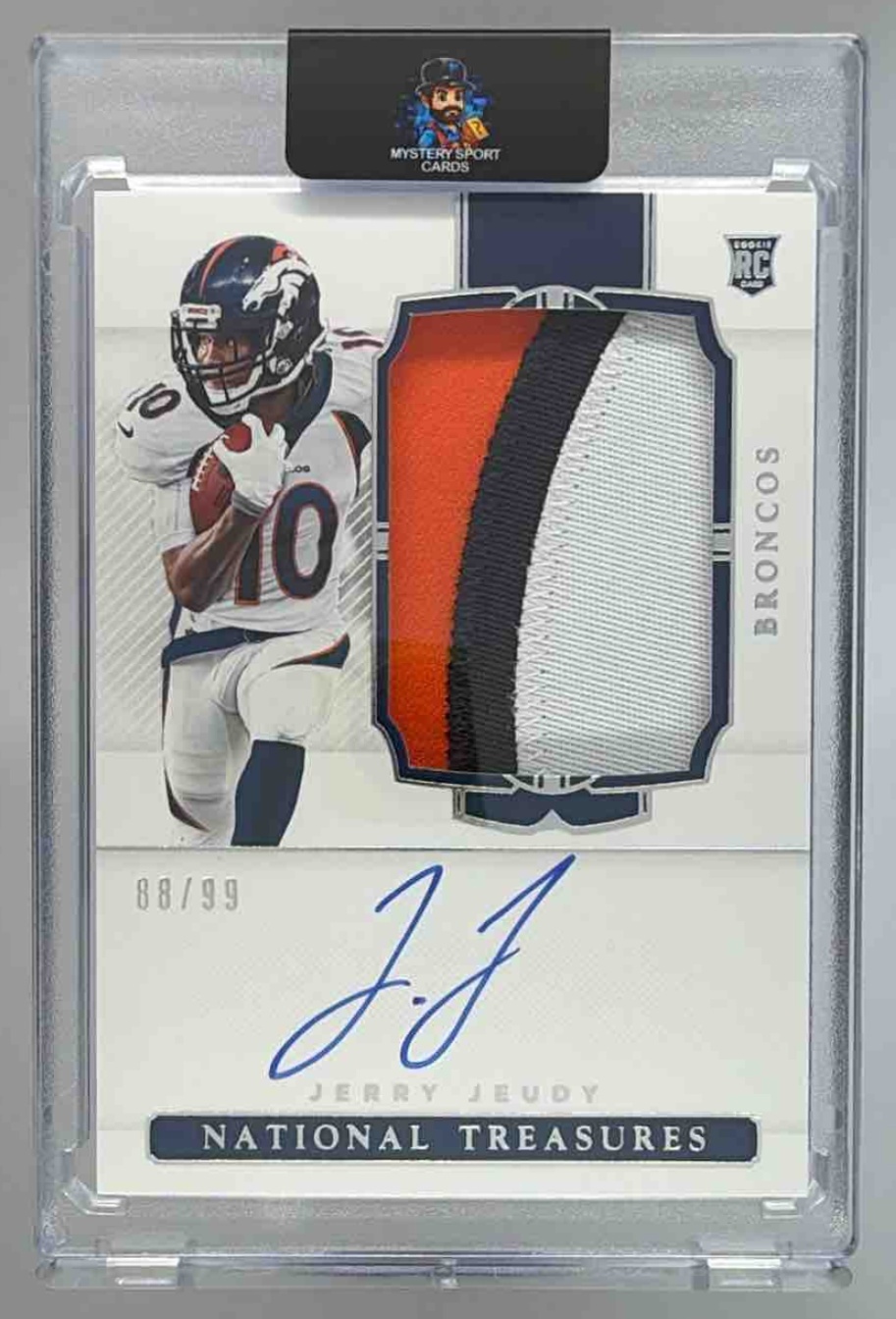 Card image for 2020 Panini National Treasures Jerry Jeudy /99 #163 Rookie Patch Auto MEM RC Broncos