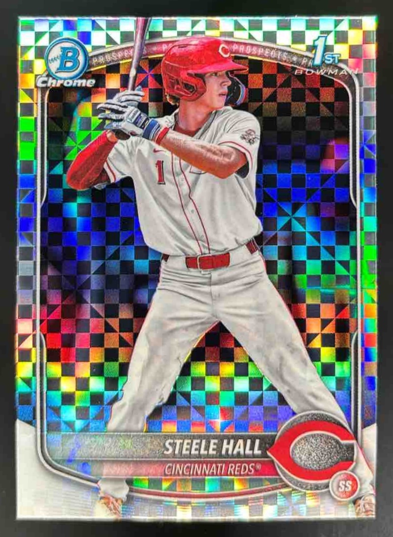 Card image for 2025 Bowman Draft Steele Hall Chrome X-Fractor #BDC-20 Reds