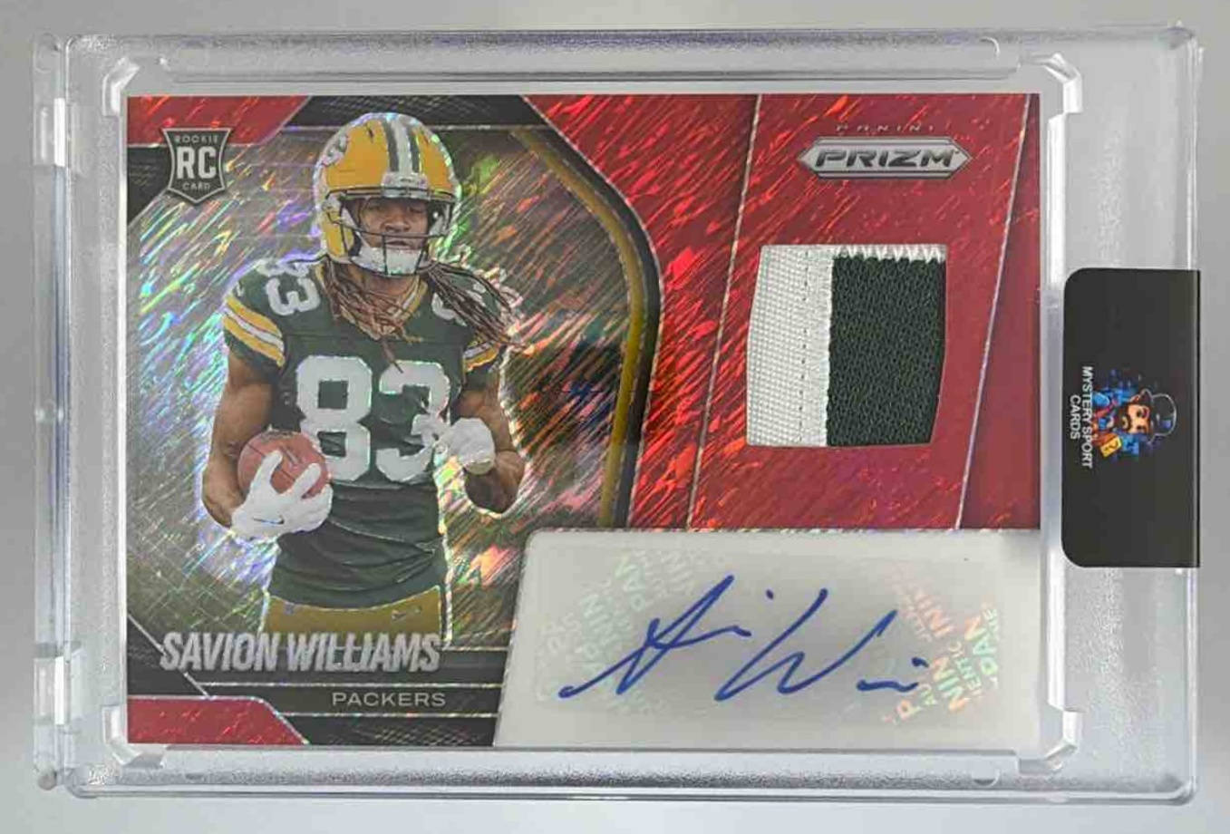 Card image for 2025 Panini Prizm Savion Williams Rookie Patch Auto Silver /99 #RPH-SWS MEM RC Packers