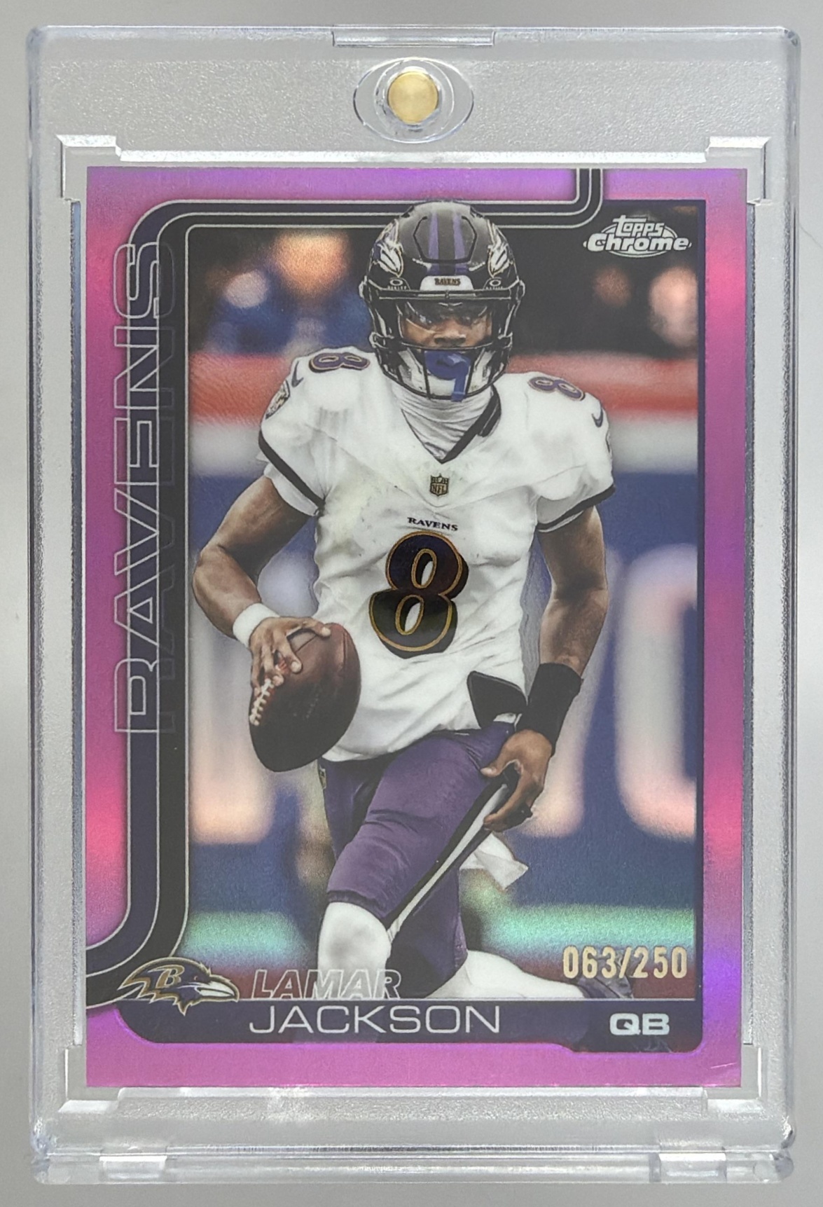 Card image for 2025 Topps Chrome Lamar Jackson Pink Refractor /250 #24 Ravens
