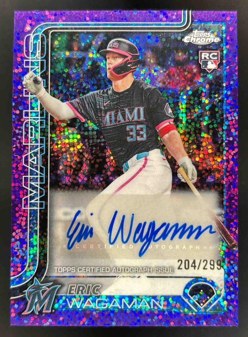 Card image for 2025 Topps Chrome Update Eric Wagaman Auto Purple Speckle Refractor /299 RC