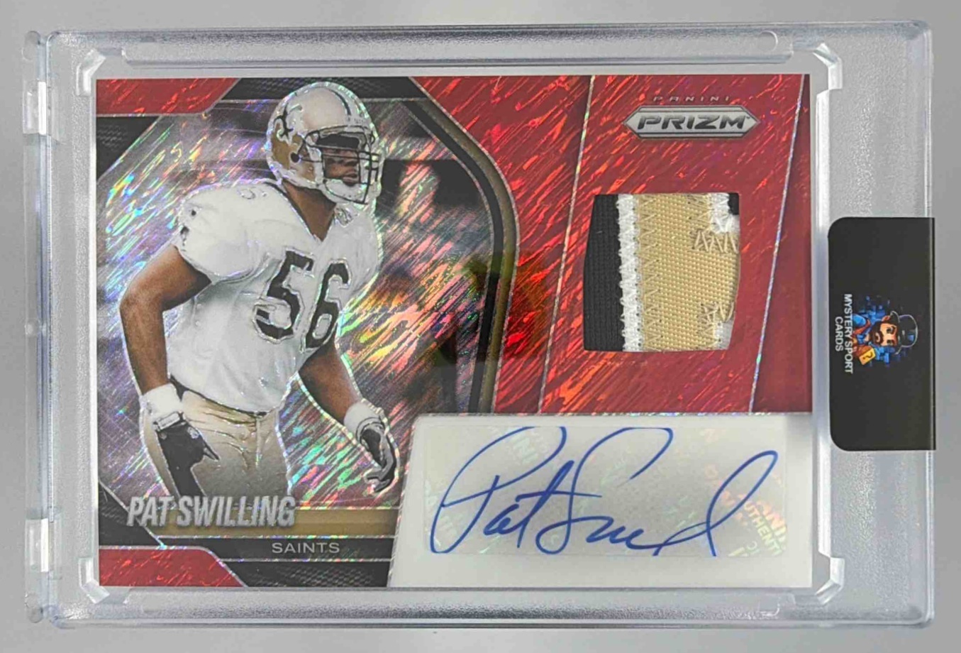 Card image for 2025 Panini Prizm Pat Swilling Patch Auto Red Shimmer /35 #PAU-PSG MEM Saints