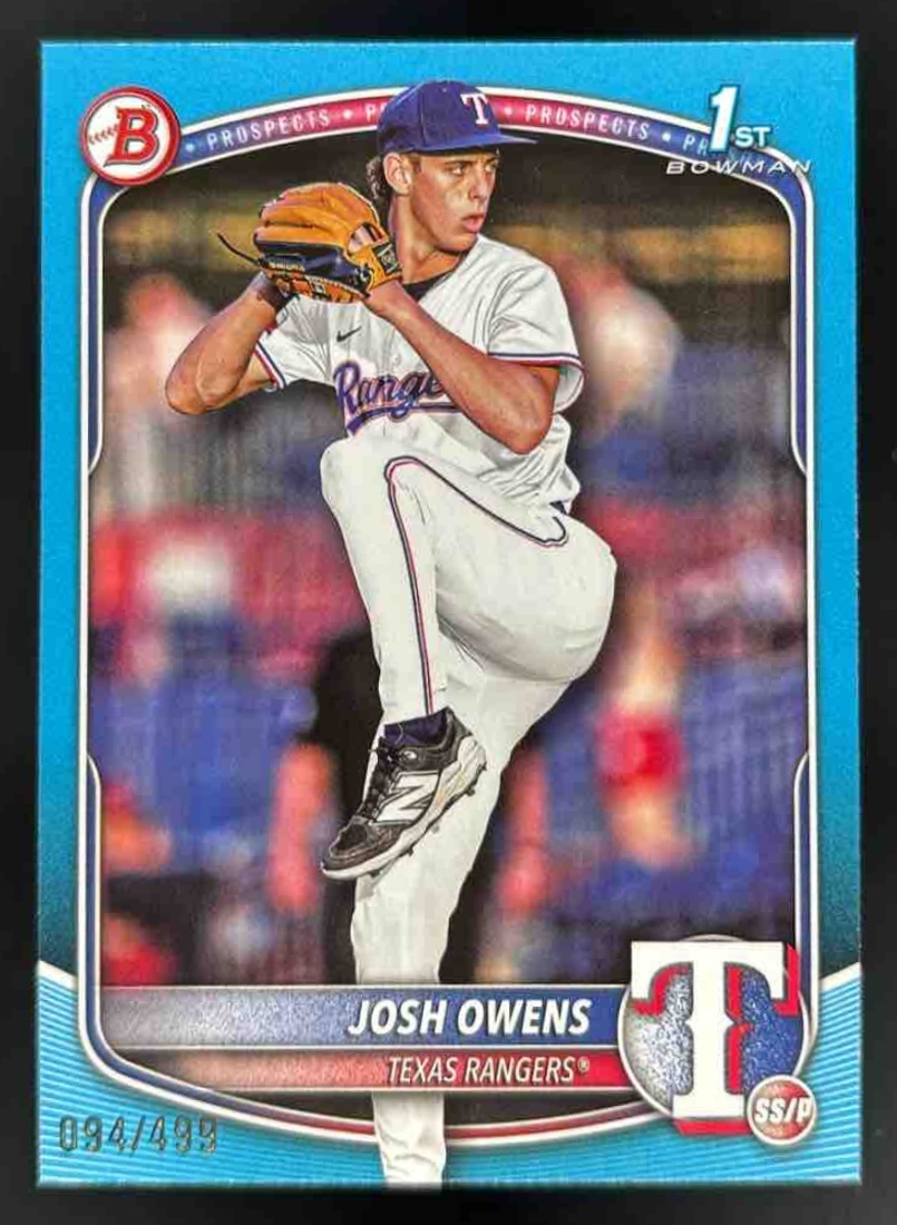 Card image for 2025 Bowman Draft Josh Owens Sky Blue Border /499 #BD-119 Rangers